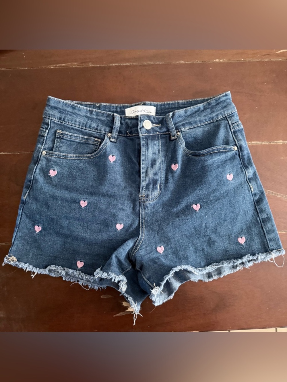 Angel Kiss Dark Blue Denim Shorts with Pink Heart Embroidery